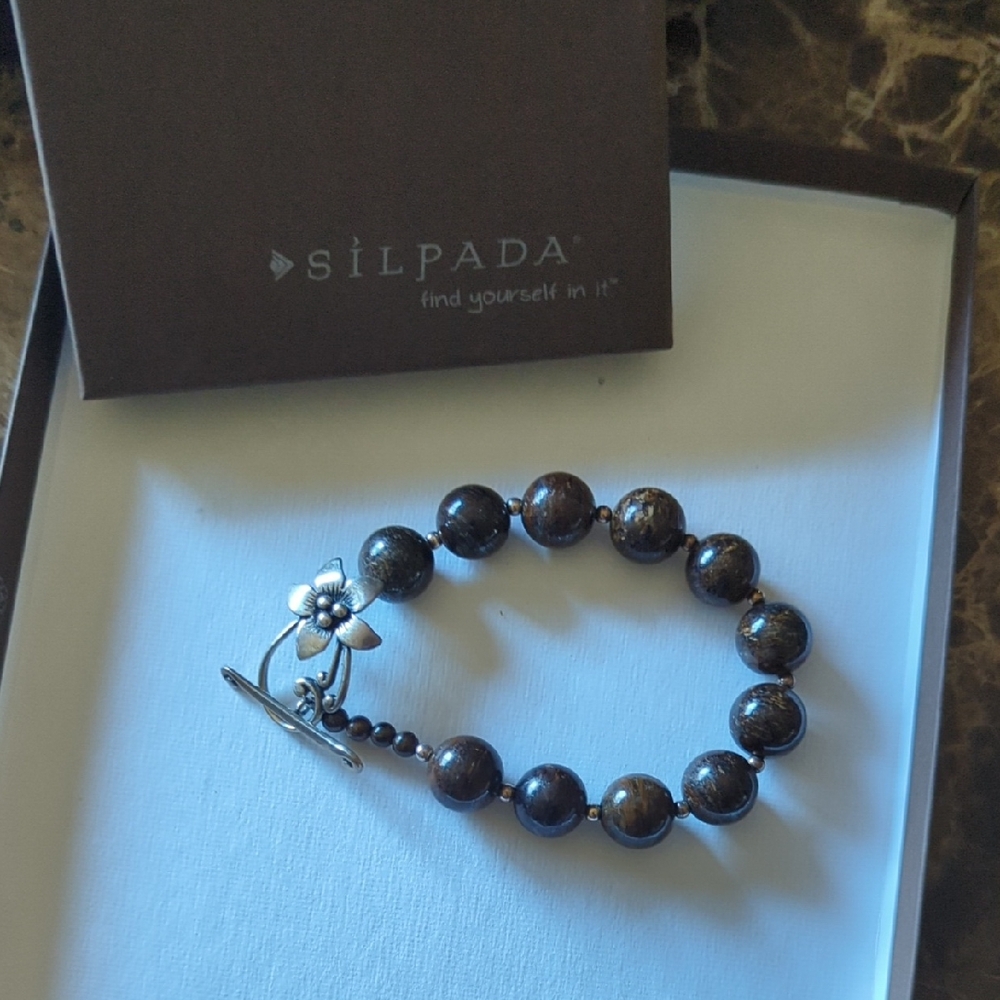Silpada Dark Brown Beaded Bracelet with Floral Clasp